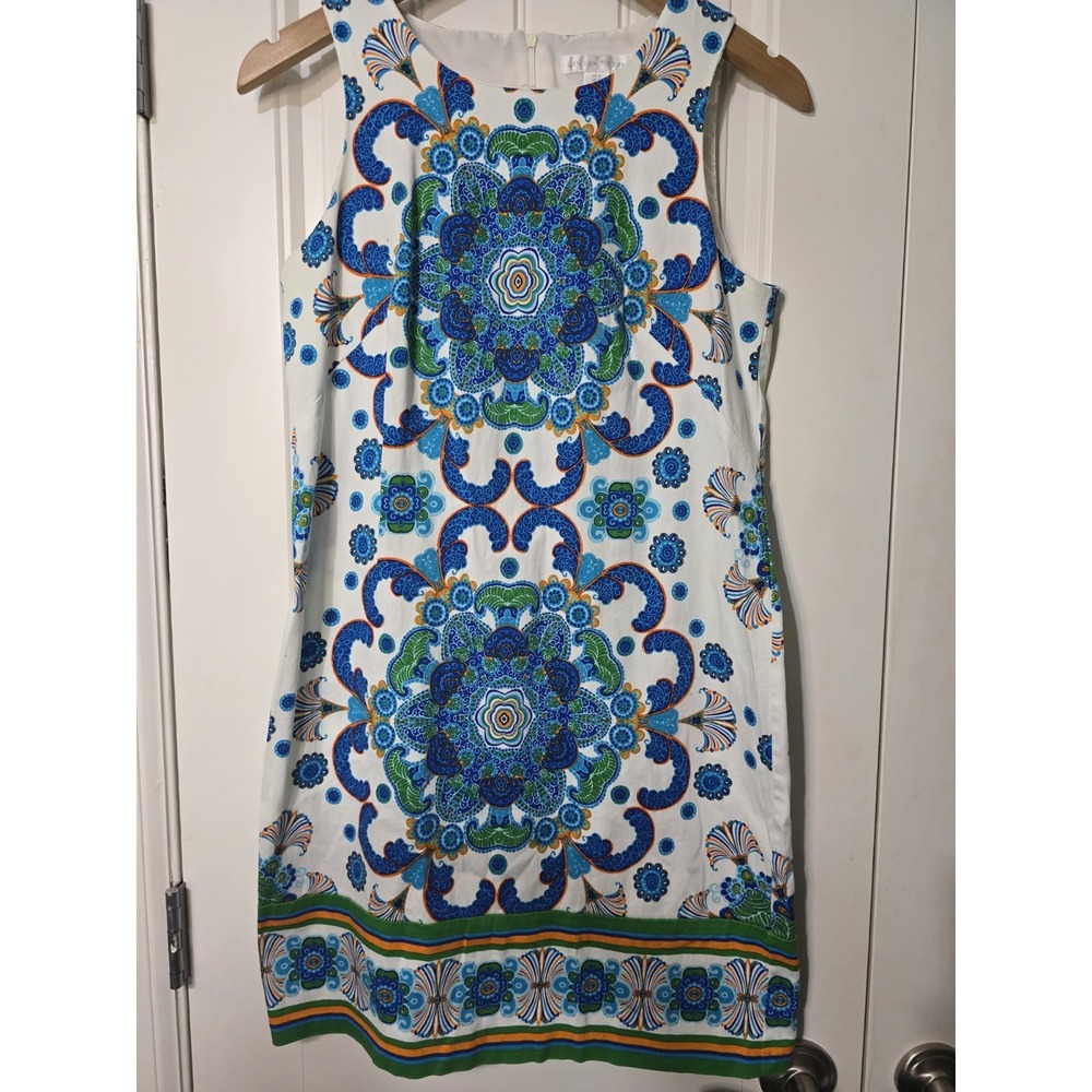 London Times Womens Blue Green Medallion Print Sleeveless‎ Shift Dress Size 8
